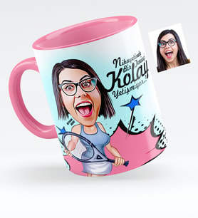 BK Gift Kişiye Özel Bayan Tenis Oyuncusu Karikatürlü Pembe Kupa Bardak  1