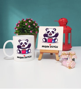Sevimli Panda Tasarımlı Kişiye Özel Panda Kupa Bardak ve Dekoratif Taş Baskı Seti