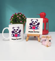 Sevimli Panda Tasarımlı Kişiye Özel Panda Kupa Bardak ve Dekoratif Taş Baskı Seti