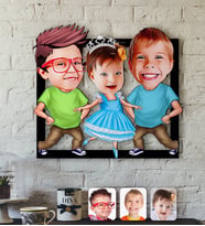 BK Gift Kişiye Özel 3 Kardeş Karikatürlü 3D Ahşap Tablo-2 (Beyaz)