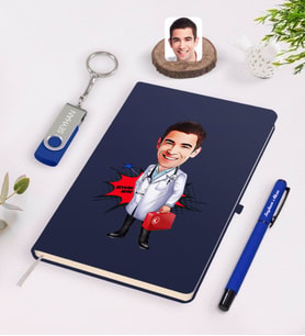 BK Gift Kişiye Özel Erkek Acil Tıp Teknisyeni Karikatürlü Lacivert Defter Kalem 32gb USB Bellek Hediye Seti-1 (Model 1)