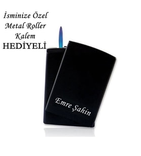 İsme Özel Metal Siyah Pürmüz Alevli Çakmak + Kalem Hediyeli