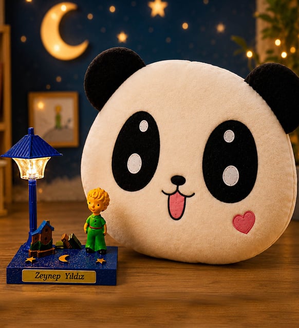 Kişiye Özel İsimli Küçük Prens Biblolu Masa Lambası & Panda Polar Yastık Seti