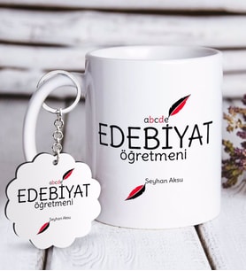 BK Gift Kişiye Özel Edebiyat Öğretmeni Beyaz Kupa ve Anahtarlık Hediye Seti-5 (Model 1)