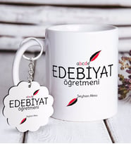 BK Gift Kişiye Özel Edebiyat Öğretmeni Beyaz Kupa ve Anahtarlık Hediye Seti-5 (Model 1)