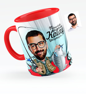 BK Gift Kişiye Özel Bay Balıkçı Karikatürlü Kırmızı Kupa Bardak  1
