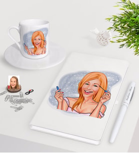 BK Gift Kişiye Özel Bayan Karikatürlü Beyaz Defter Kalem Türk Kahvesi Fincanı Seti-21 (Model 1)