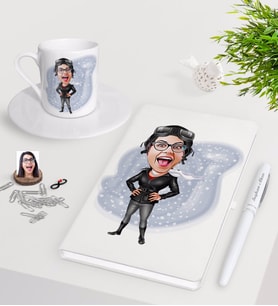 BK Gift Kişiye Özel Bayan Pilot Karikatürlü Beyaz Defter Kalem Türk Kahvesi Fincanı Seti (Model 1)