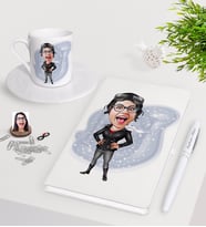 BK Gift Kişiye Özel Bayan Pilot Karikatürlü Beyaz Defter Kalem Türk Kahvesi Fincanı Seti (Model 1)