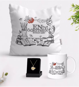 BK Gift Kişiye Özel En İyi Öğretmen Beyaz Kupa Yastık ve İsimli Papatya Kolye Hediye Seti-8 (Model 1)
