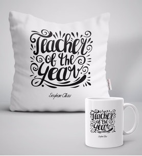 BK Gift Kişiye Özel Yılın Öğretmeni Beyaz Yastık Kupa Seti-1 (Model 1)