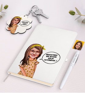 BK Gift Kişiye Özel Kız Çocuk Kolay Yetişmiyor Karikatürlü Beyaz Defter Kalem ve Anahtarlık Hediye Seti-2 (Model 1)