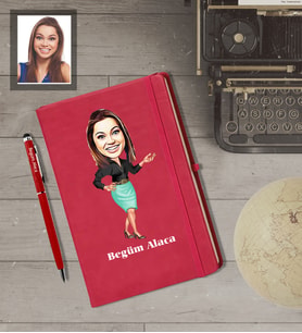 Kişiye Özel Öğretmen Karikatürlü  Kırmızı Defter Kalem Hediye Seti Bayan-8