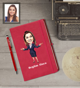 Kişiye Özel Öğretmen Karikatürlü  Kırmızı Defter Kalem Hediye Seti Bayan-4