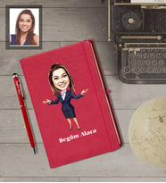 Kişiye Özel Öğretmen Karikatürlü  Kırmızı Defter Kalem Hediye Seti Bayan-4