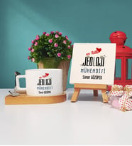 Mesajlı Jeoloji Mühendisi Tasarımlı Kişiye Özel Jeoloji Mühendisi Ahşap Altlıklı Fincan ve Dekoratif Taş Baskı Hediye Seti