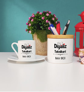 Diyaliz Teknikeri Tasarımlı Kişiye Özel Hediye Diyaliz Teknikeri Türk Kahvesi Fincanı ve Kalemlik Seti