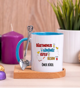 Öğretmenler Günü Ahşap Altlıklı Mavi Kupa Bardak