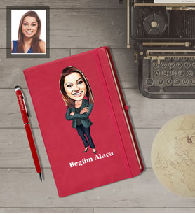 Kişiye Özel Öğretmen Karikatürlü  Kırmızı Defter Kalem Hediye Seti Bayan-16