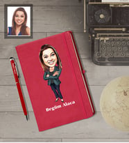 Kişiye Özel Öğretmen Karikatürlü  Kırmızı Defter Kalem Hediye Seti Bayan-16