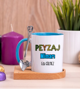 Peyzaj Mimarı Ahşap Altlıklı Mavi Kupa Bardak