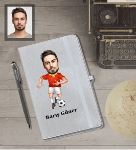 Kişiye Özel Futbolcu Karikatürlü Gri Defter Kalem Hediye Seti  Bay-1