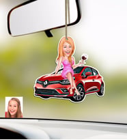 BK Gift Kişiye Özel Bayan Renault Clio Karikatürlü Ahşap Araba Dikiz Ayna Süsü-2 (Beyaz)