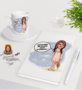 BK Gift Kişiye Özel Kız Çocuk Kolay Yetişmiyor Karikatürlü Beyaz Defter Kalem Türk Kahvesi Fincanı Seti-1 (Model 1)
