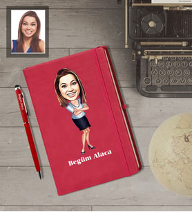 Kişiye Özel İş Kadını Karikatürlü  Kırmızı Defter Kalem Hediye Seti Bayan-5
