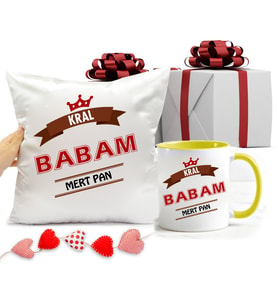Babaya Hediyelik Sarı Kupa Bardak ve Yastık (Sarı-Beyaz)