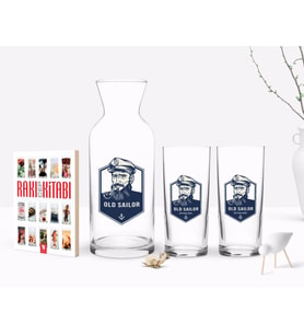BK Gift Kişiye Özel Renkli Baskılı Denizci Tasarımlı İkili Rakı Bardağı Karaf ve Cep Kitabı Hediye Seti-1 (Model 1)