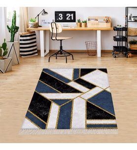 Geometrik Desenli Gold Şeritli Dijital Baskı Yıkanabilir Kaymaz Taban Modern Salon Halısı (Siyah-Mavi)