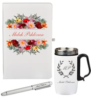 Çiçeklerin Mutluluğu Desenli Kişiye Özel Defter Kalem Termos - Mug Seti