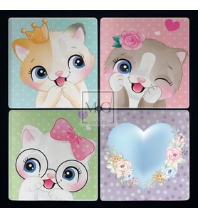 4'lü Uv Baskılı Doğal Taş Bardak Altı 10 cm x 10 cm Kedi Desenli