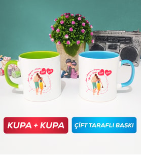 İkili Sevgiliye Sevgililer Günü Hediyesi 1 Kupa Bardak Yeşil Mavi