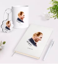 BK Gift Kişiye Özel Atatürk Temalı Kupa Anahtarlık Beyaz Defter Kalem Hediye Seti-11 (Model 1)