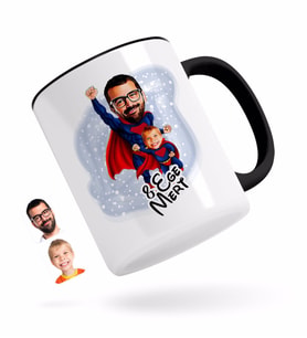 BK Gift Kişiye Özel Süper Baba-Çocuk Karikatürlü Siyah Kupa Bardak