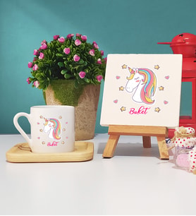 Unicorn Tasarımlı Kişiye Özel Hediye Unicorn Ahşap Altlıklı Türk Kahvesi Fincanı ve Dekoratif Taş Baskı