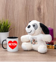 Sevgiliye Hediye İsim Yazılı Kalpli Siyah Kupa Bardak ve Peluş Köpek