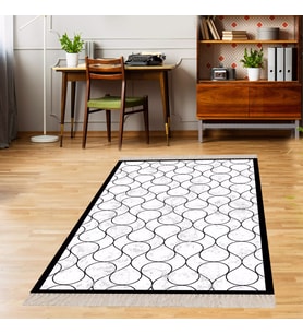 Geometrik Desenli Siyah Beyaz Dijital Baskı Yıkanabilir Kaymaz Taban Salon Halısı ve Yolluk (Siyah - Beyaz)