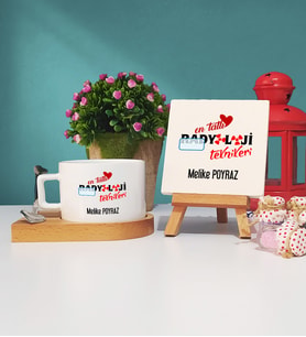 Mesajlı Radyoloji Teknikeri Tasarımlı Kişiye Özel Radyoloji Teknikeri Ahşap Altlıklı Fincan ve Dekoratif Taş Baskı Hediye Seti