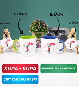 İkili Yeşil Lacivert Sevgiliye Sevgililer Günü Hediyesi 3 Kupa Bardak Anahtarlık
