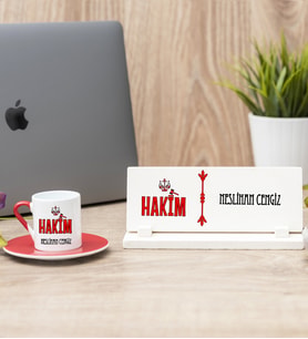 Hakim Kırmızı Türk Kahvesi Fincanı Ve Masa İsimliği Hediye Seti