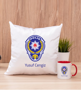 Polis Logolu Kare Yastık ve Kırmızı Kupa Bardak
