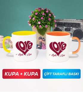 İkili Love Tasarımlı Sevgililer Günü Hediyesi Kupa Bardak Sarı Turuncu