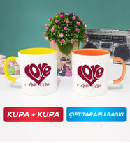İkili Love Tasarımlı Sevgililer Günü Hediyesi Kupa Bardak Sarı Turuncu