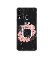 Mermer Çiçekli Harf Tasarım Süper Şeffaf Silikon Telefon Kılıfı Samsung A20s Ü-H
