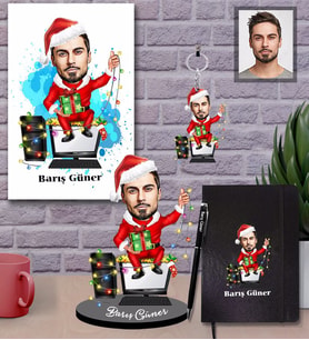 Kişiye Özel Yılbaşı Erkek Karikatürlü 5 li Hediye Seti Model-5