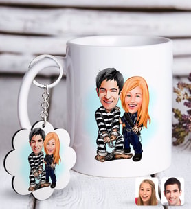 BK Gift Kişiye Özel Sevgililer Karikatürlü Beyaz Kupa ve Anahtarlık Hediye Seti-7 (Model 1)