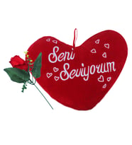 Sevgiliye Seni Seviyorum Kalp Yastık Ve Gül